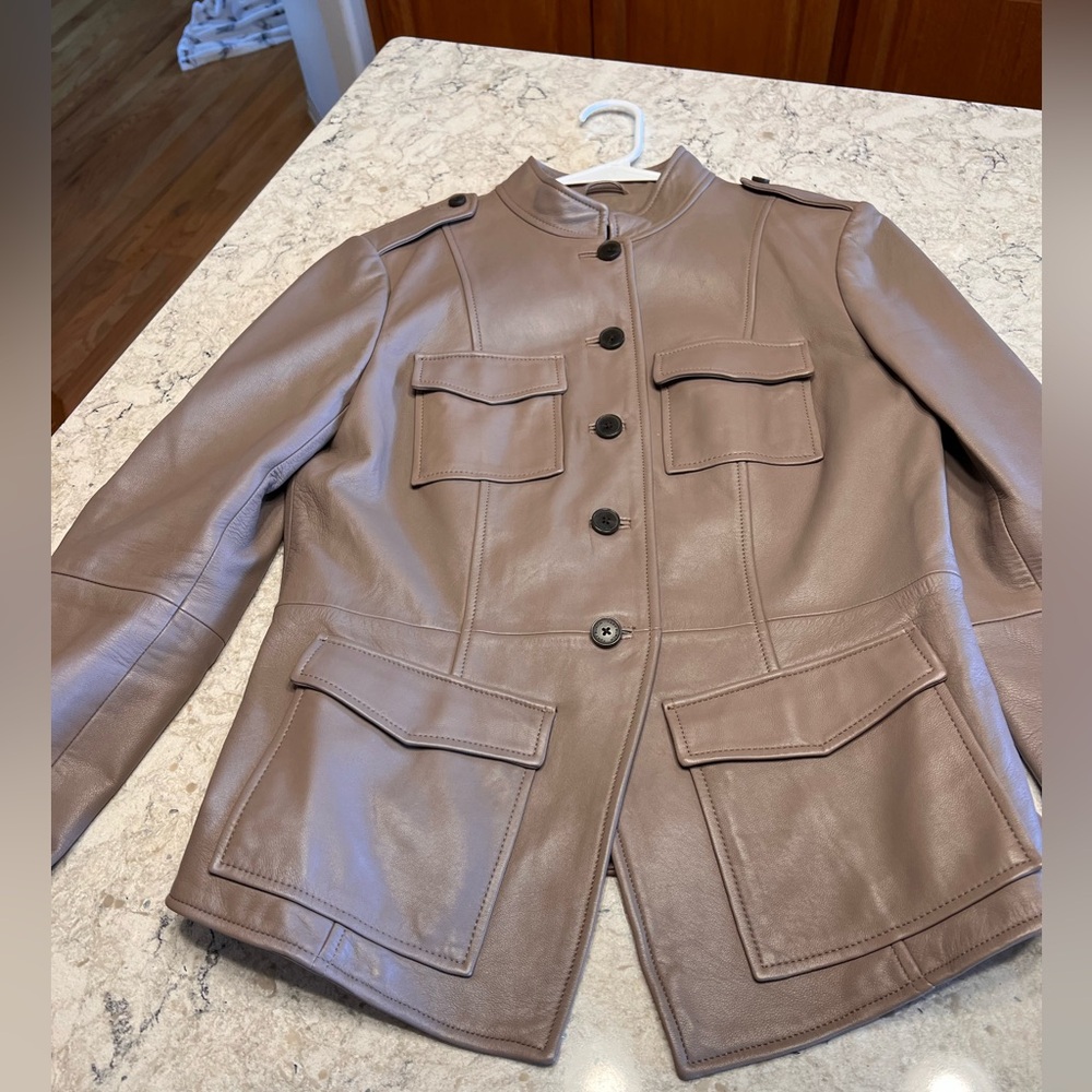 Tory Burch Mushroom Leather Military-Style Button Jacket